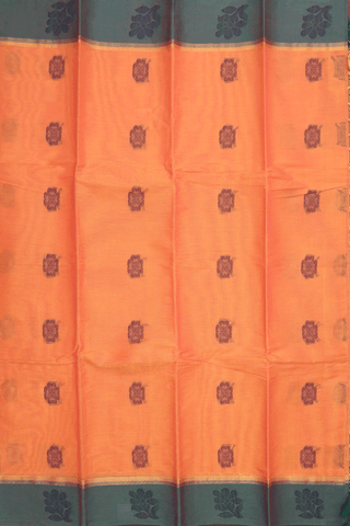 Threadwork Motifs Coral Orange Kanchi Cotton Saree