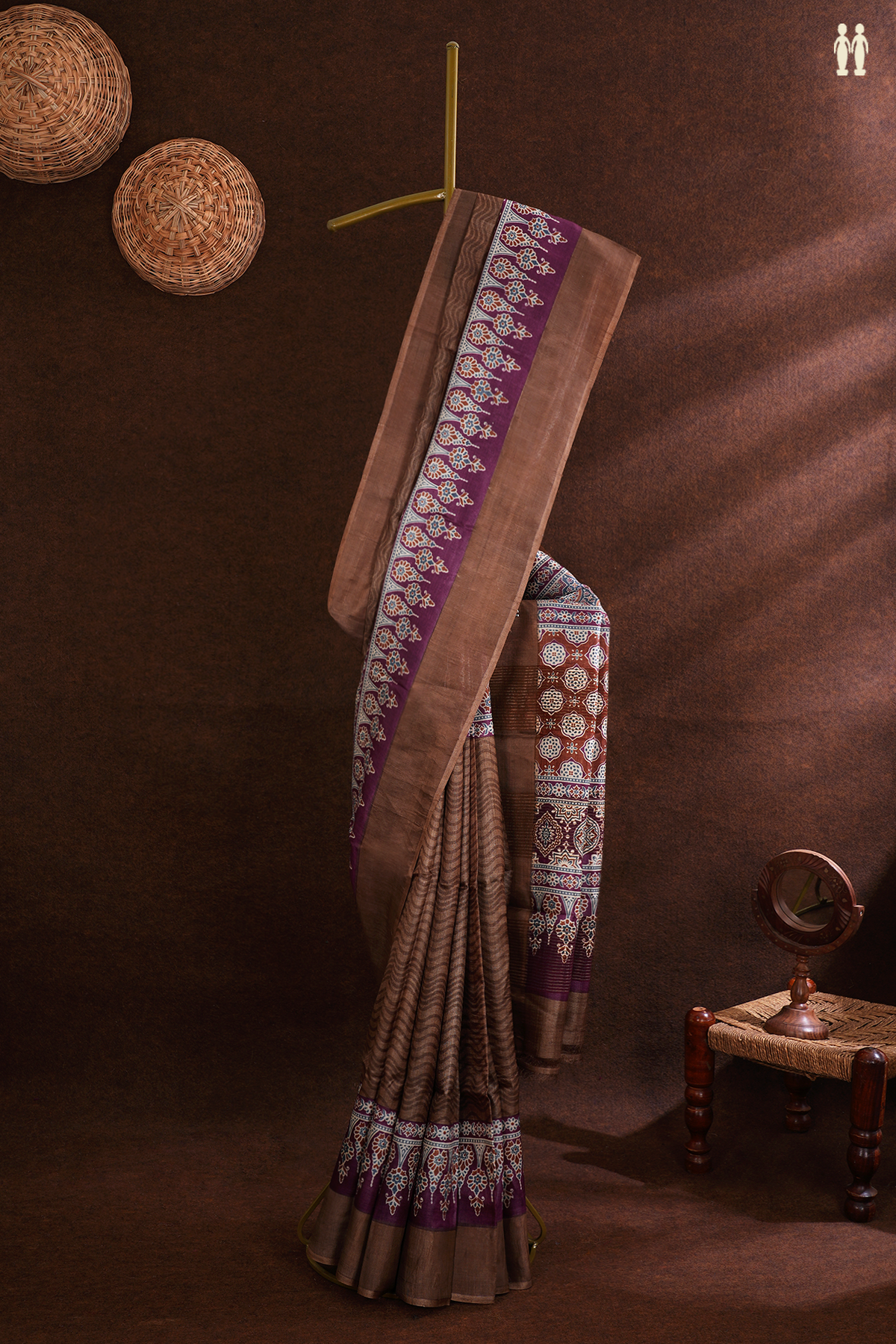 Tussar Silk Saree In Walnut Brown With Chevron Design