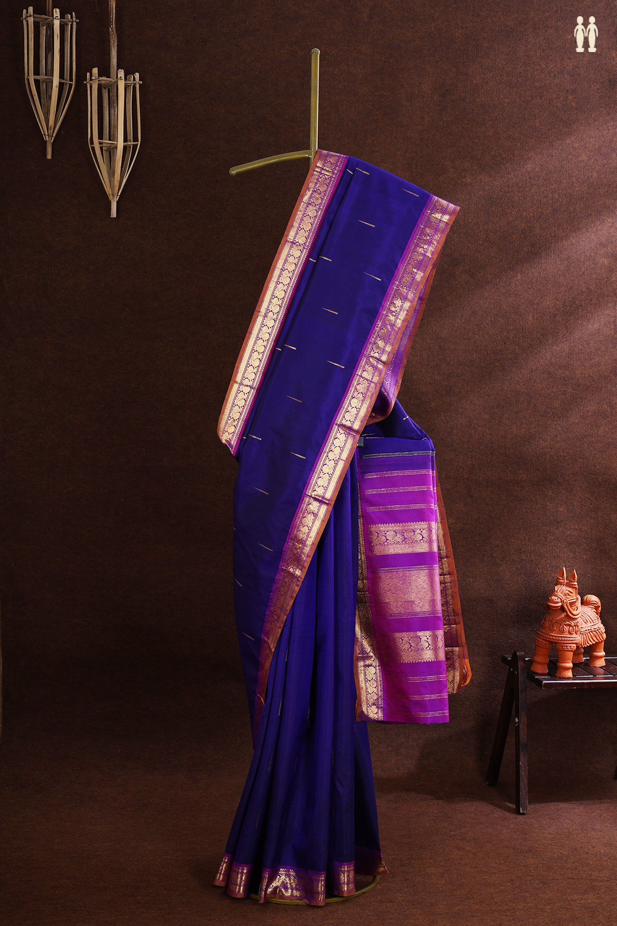 Kanchipuram Silk Saree In Indigo Blue With Stripes Buttas