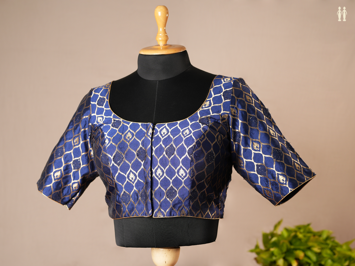 Ogee Design Berry Blue Semi Banarasi Silk Readymade Blouse