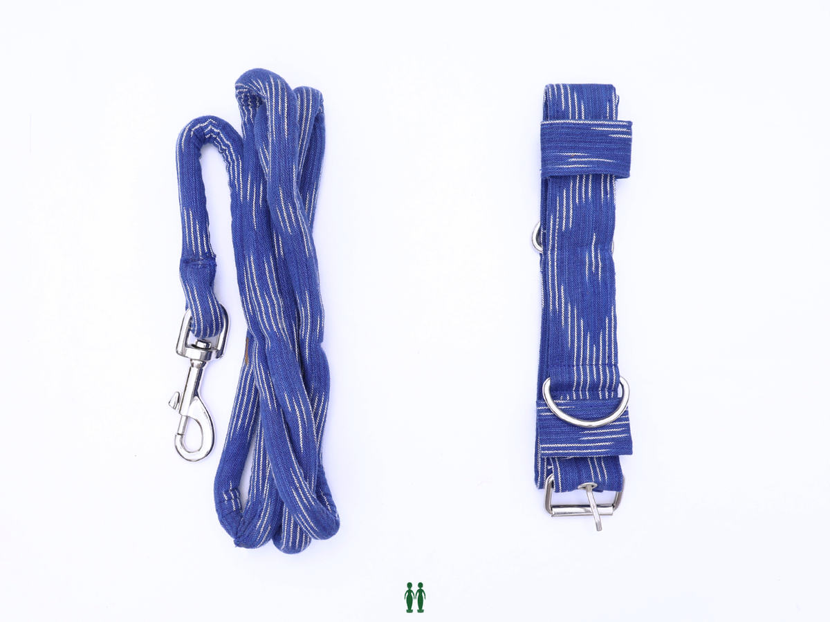 Royal Blue Ikat Cotton Dog Collar With Rope Set