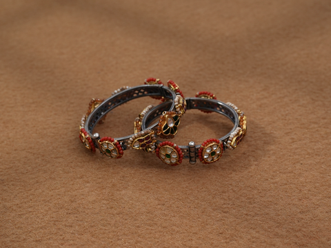 Multicolor Stone With Beads Silver Screw Bangles