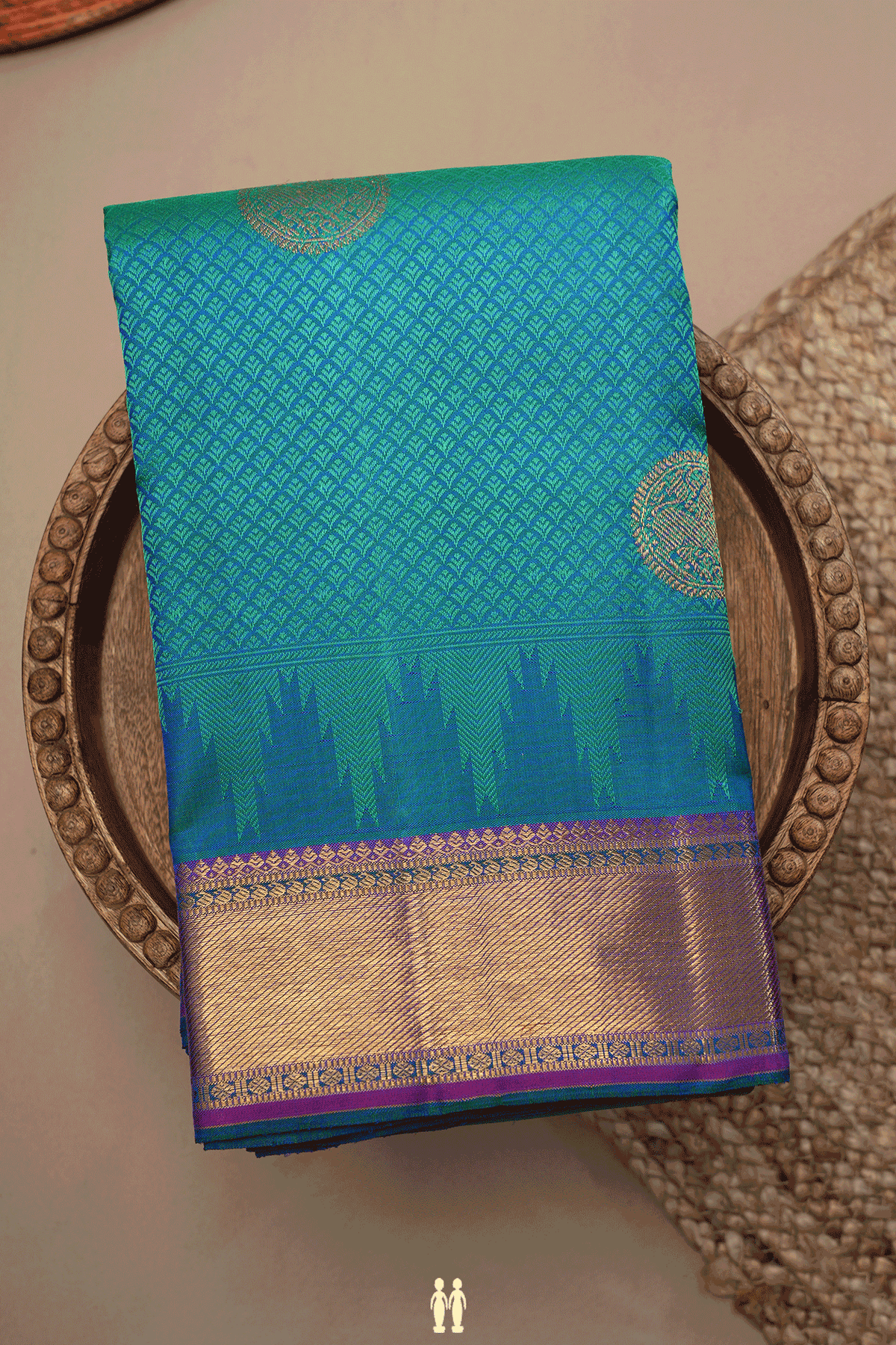 Threadwork With Buttas Peacock Blue Kanchipuram Silk Saree