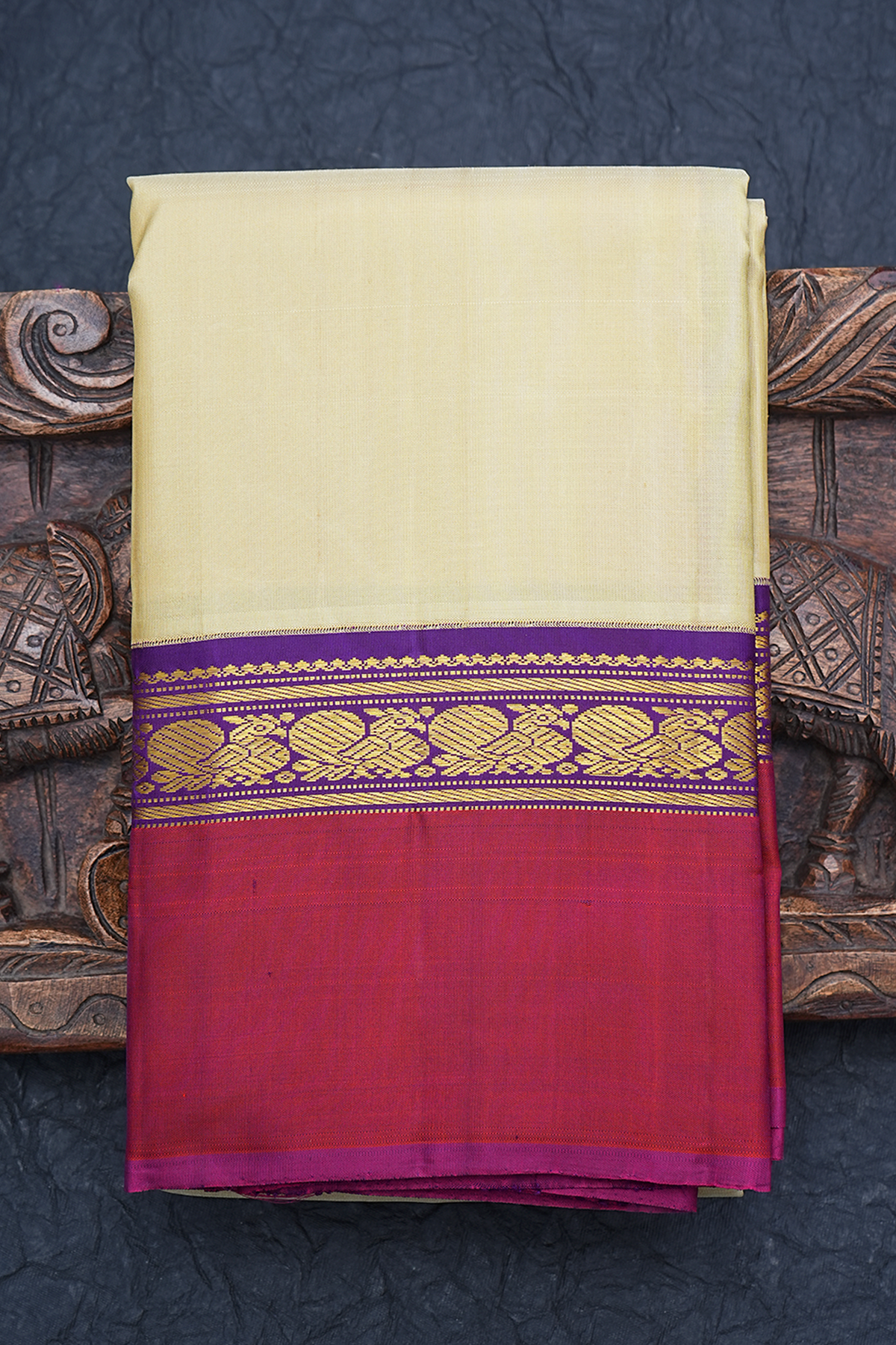 Peacock Border Plain Beige Kanchipuram Silk Saree