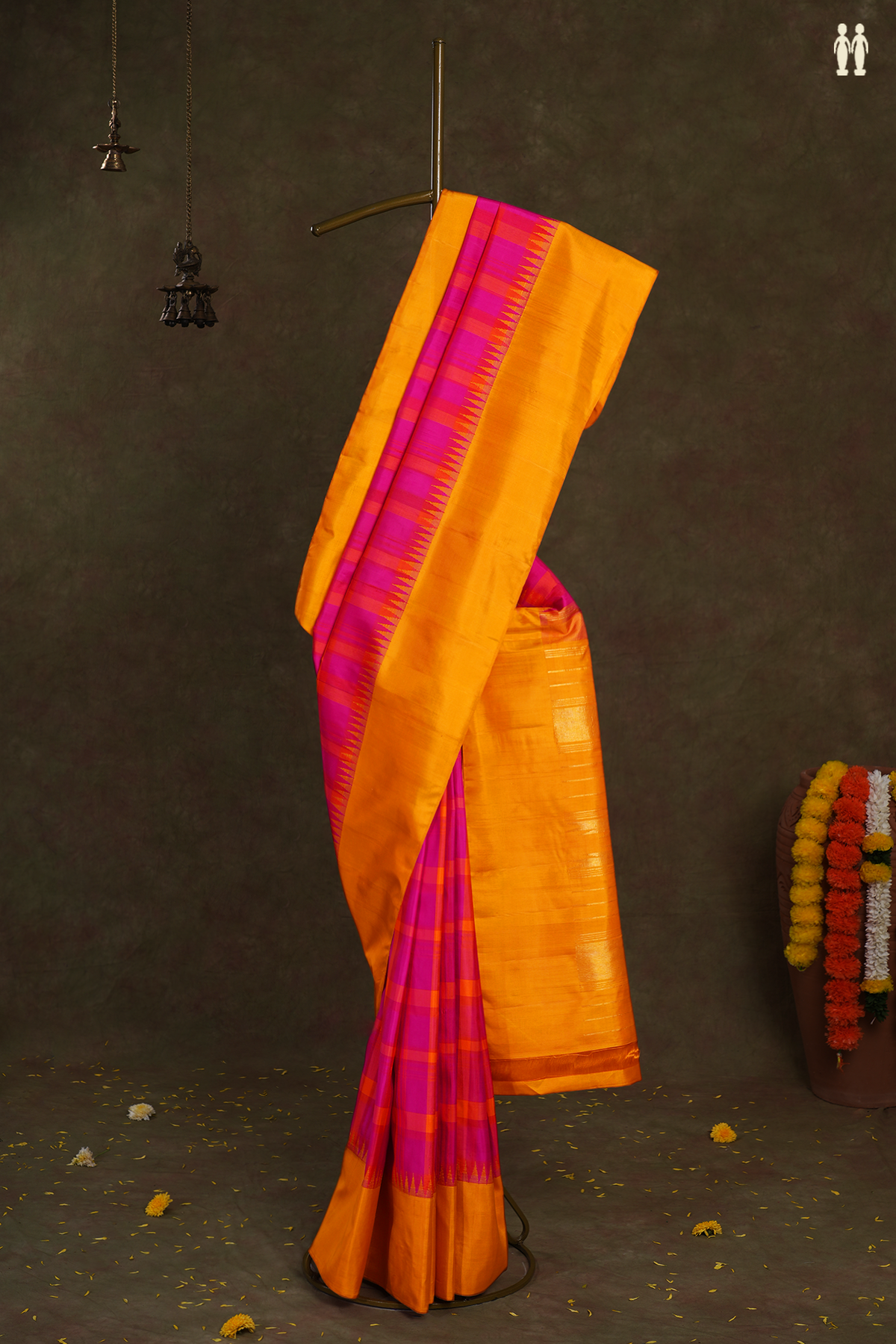 Checked Design Magenta And Orange Kanchipuram Silk Saree