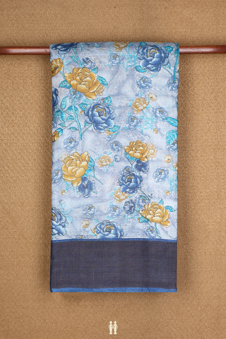 Tussar Silk Saree In Steel Blue With Allover Floral Printed