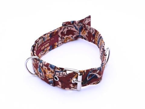 Burgundy Red Kalamkari Cotton Dog Collar With Rope Set