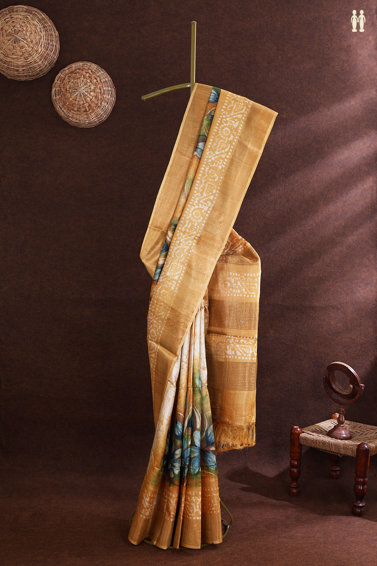 Tussar Silk Saree In Golden Yellow With Floral Printed Design