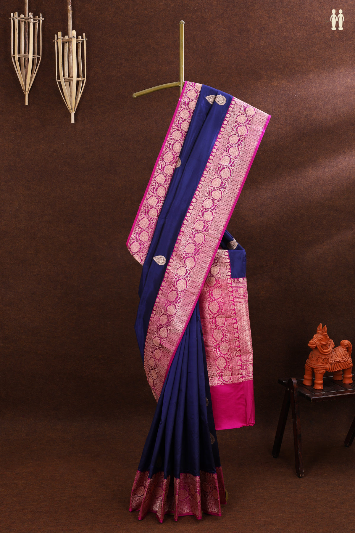 Banarasi Silk Saree In Navy Blue With Thilagam Motifs