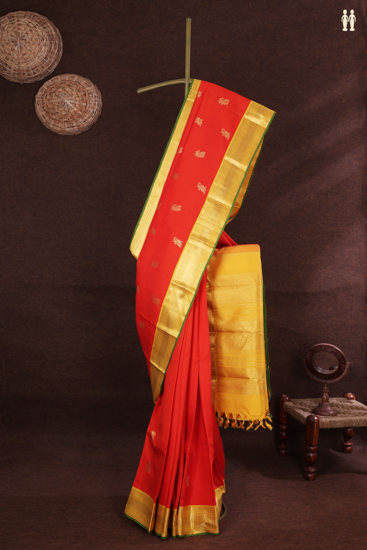 Zari Motifs Reddish Orange Kanchipuram Silk Saree