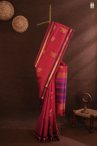 Kanchipuram Silk Saree In Crimson Red With Parrot Motifs