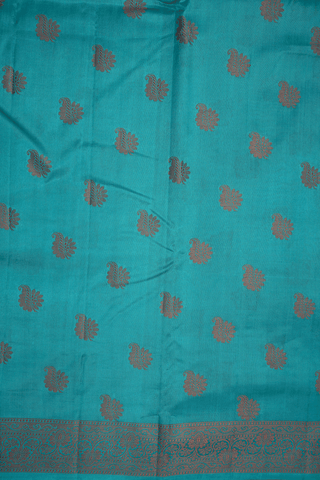 Floral Threadwork Motifs Deep Teal Blue Raw Silk Saree