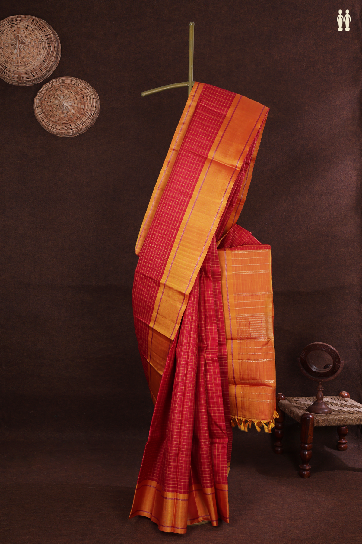 Kanchipuram Silk Saree In Ruby Red With Checks