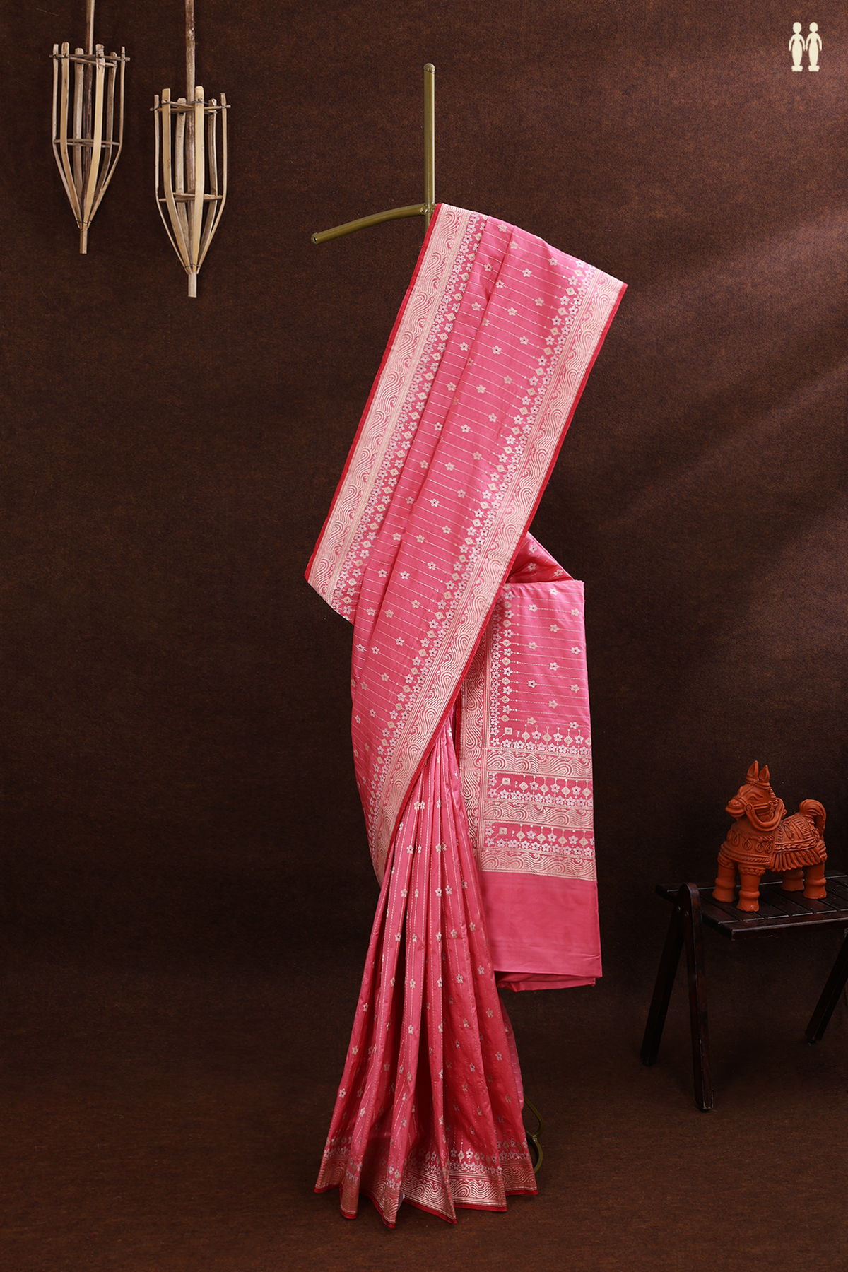 Banarasi Silk Saree In Pink With Floral And Stripes