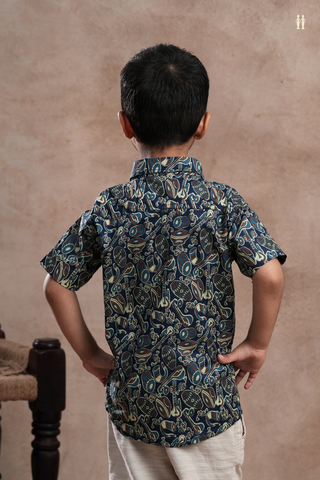 Regular Collar Printed Design Prussian Blue Cotton Shirt