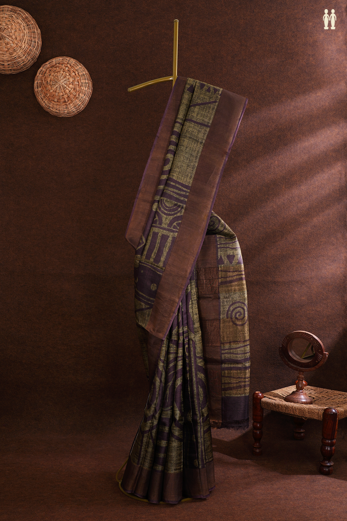 Tussar Silk Saree In Olive Brown With Allover Printed Design