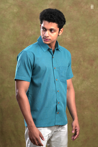 Regular Collar Stripes Design Capri Blue Cotton Shirt