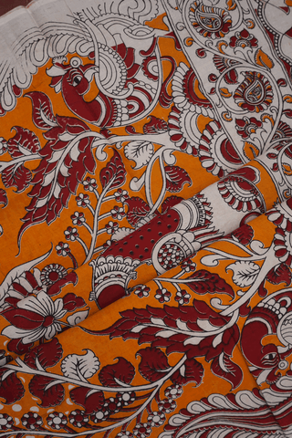 Peacock And Floral Design Ruby Red Kalamkari Cotton Saree