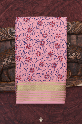 Allover Floral Printed Baby Pink Mysore Silk Saree