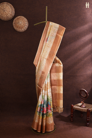 Tussar Silk Saree In Light Brown With Floral Printed Design