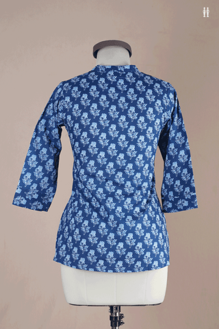 Chinese Neck Printed Design Oxford Blue Cotton Short Top