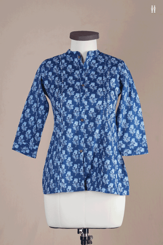 Chinese Neck Printed Design Oxford Blue Cotton Short Top