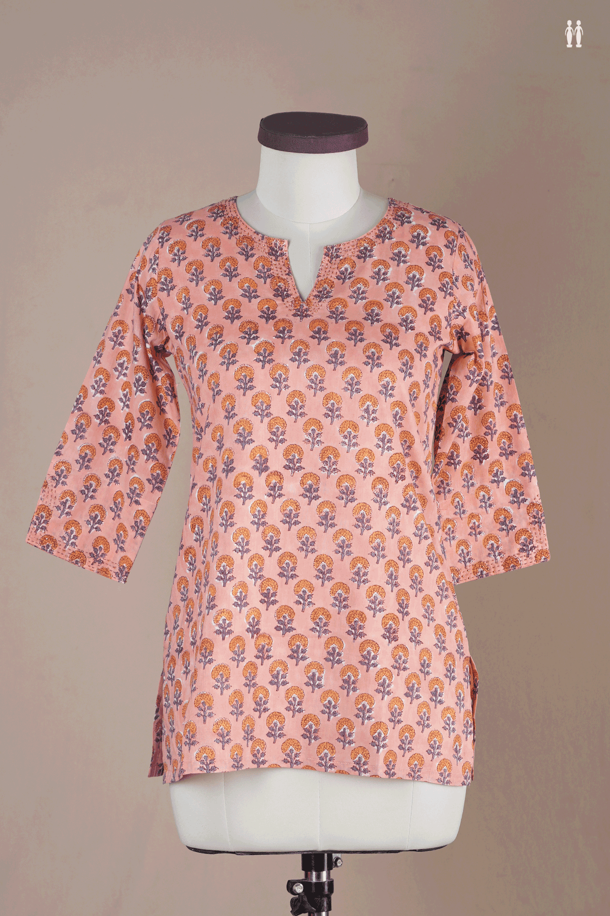 V-Split Neck Floral Design Orange Cotton Short Top