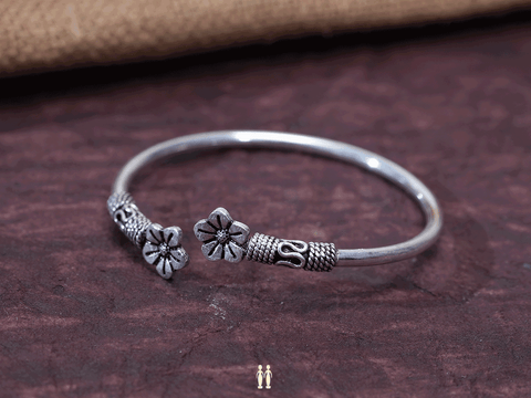 Floral Design Oxidized Adjustable Pure Silver Kada