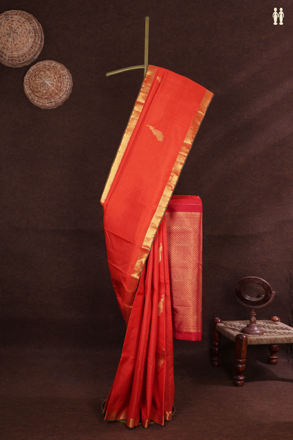 Kanchipuram Silk Saree In Bright Orange With Peacock Motifs