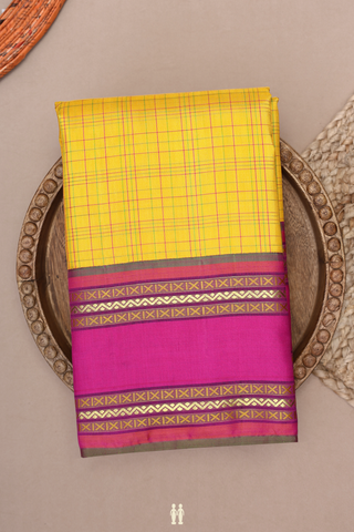 Allover Checked Design Saffron Yellow Kanchipuram Silk Saree