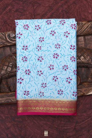 Allover Floral Printed Cream Blue Mysore Silk Saree