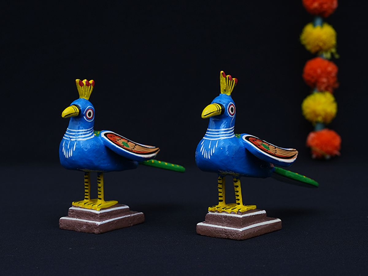 Wooden Hand Painted Peacock Idol Set Of 2 For Showpiece