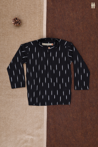 Chinese Collar Stripe Design Black Ikat Cotton Kurta