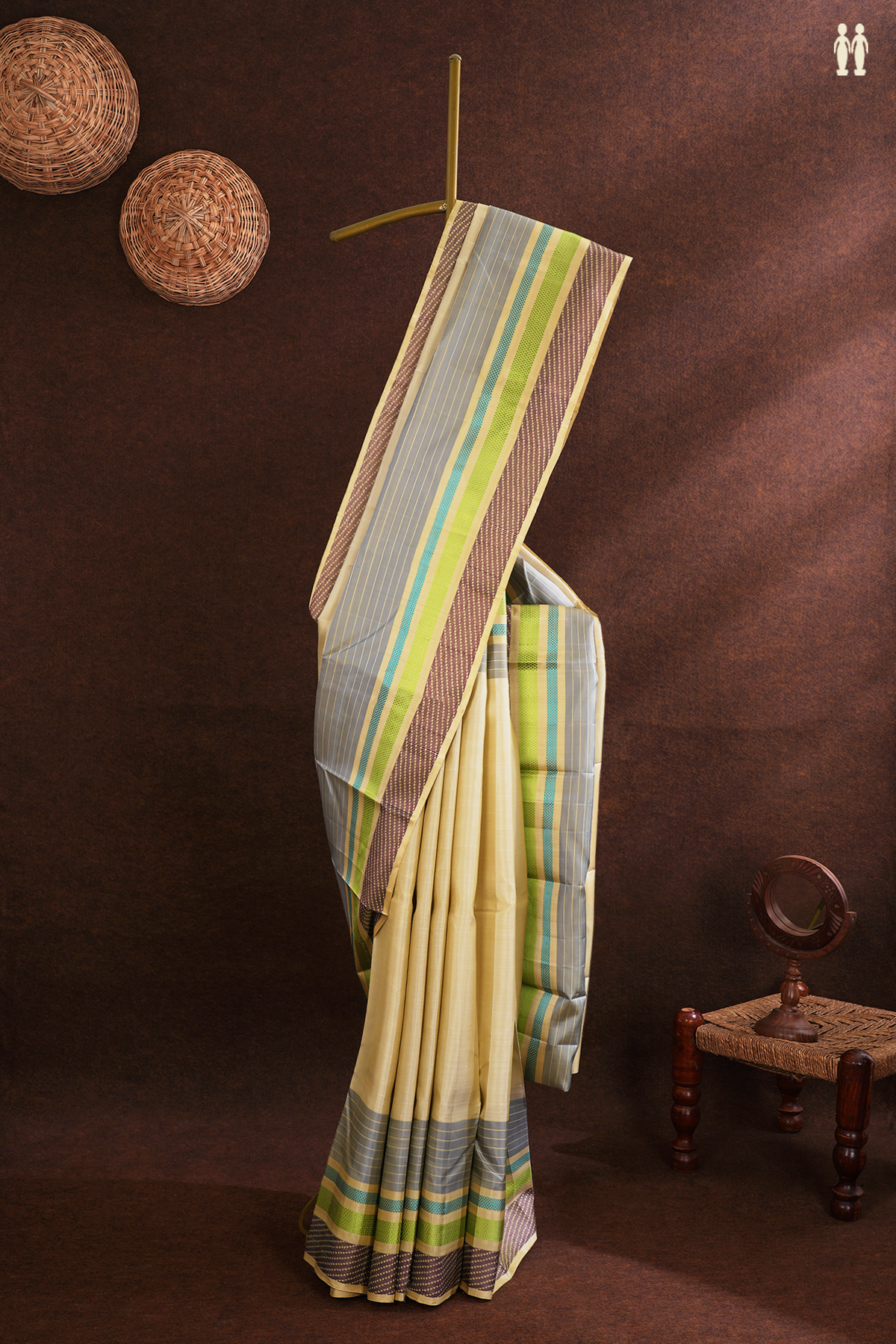 Kanchipuram Silk Saree In Plain Beige With Threadwork Border