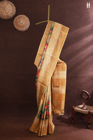 Tussar Silk Saree In Yellowish Beige With Floral Printed