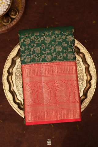 Kanchipuram Silk Saree In Dark Green With Floral Design