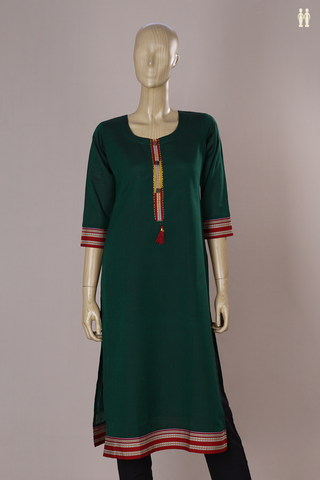 Round Neck Plain Emerald Green Cotton Long Kurta