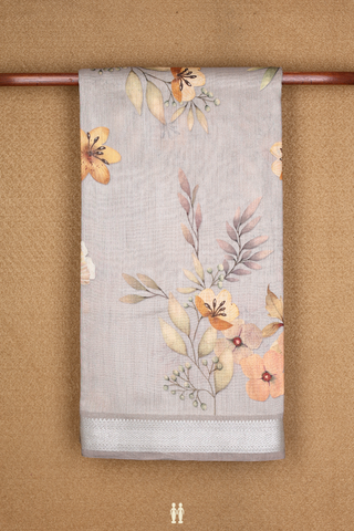 Tussar Silk Saree In Light Grey With Floral Printed Design