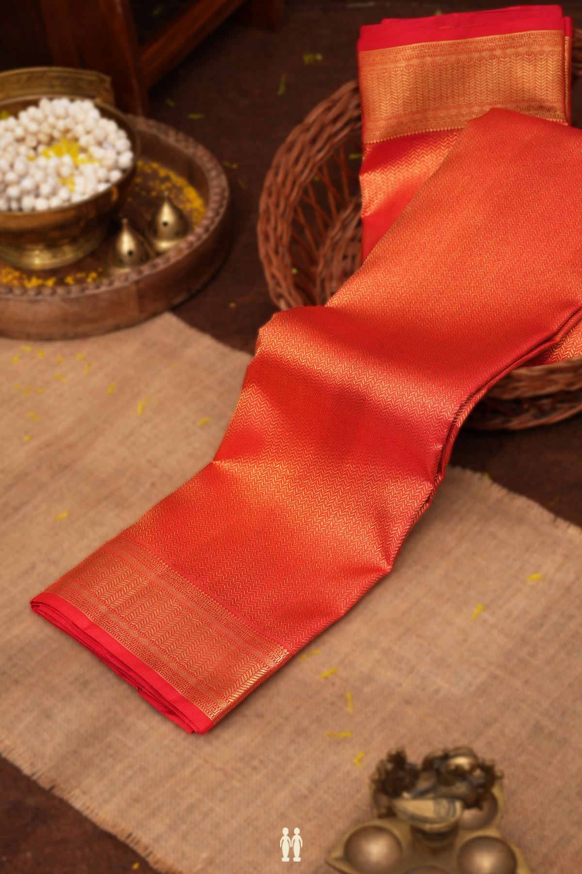 Kanchipuram Silk Saree In Coral Red With Chevron Design