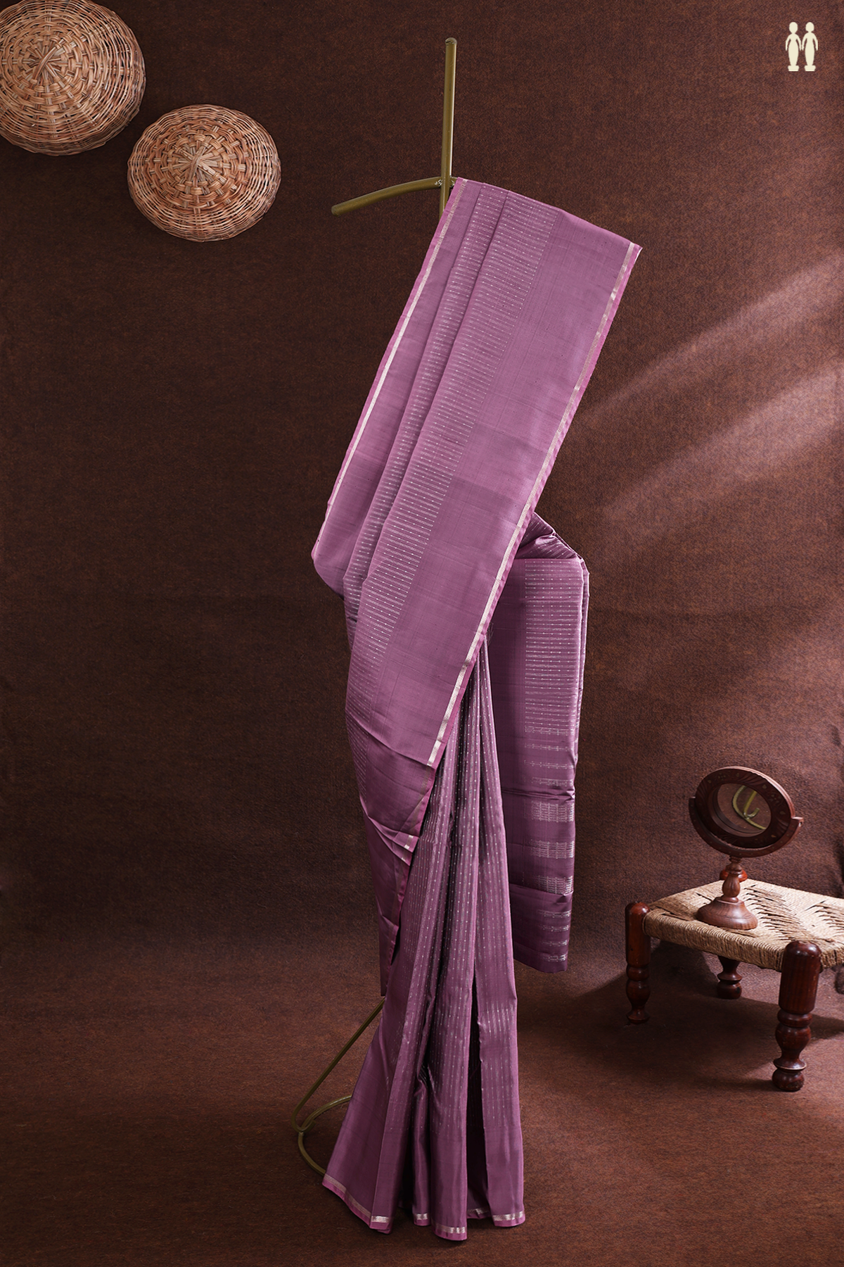 Kanchipuram Silk Saree In Dusty Purple With Zari Striped