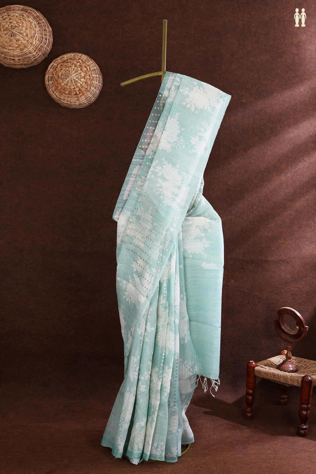 Organza Silk Saree In Dusty Green With Floral Design