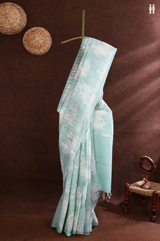 Organza Silk Saree In Dusty Green With Floral Design