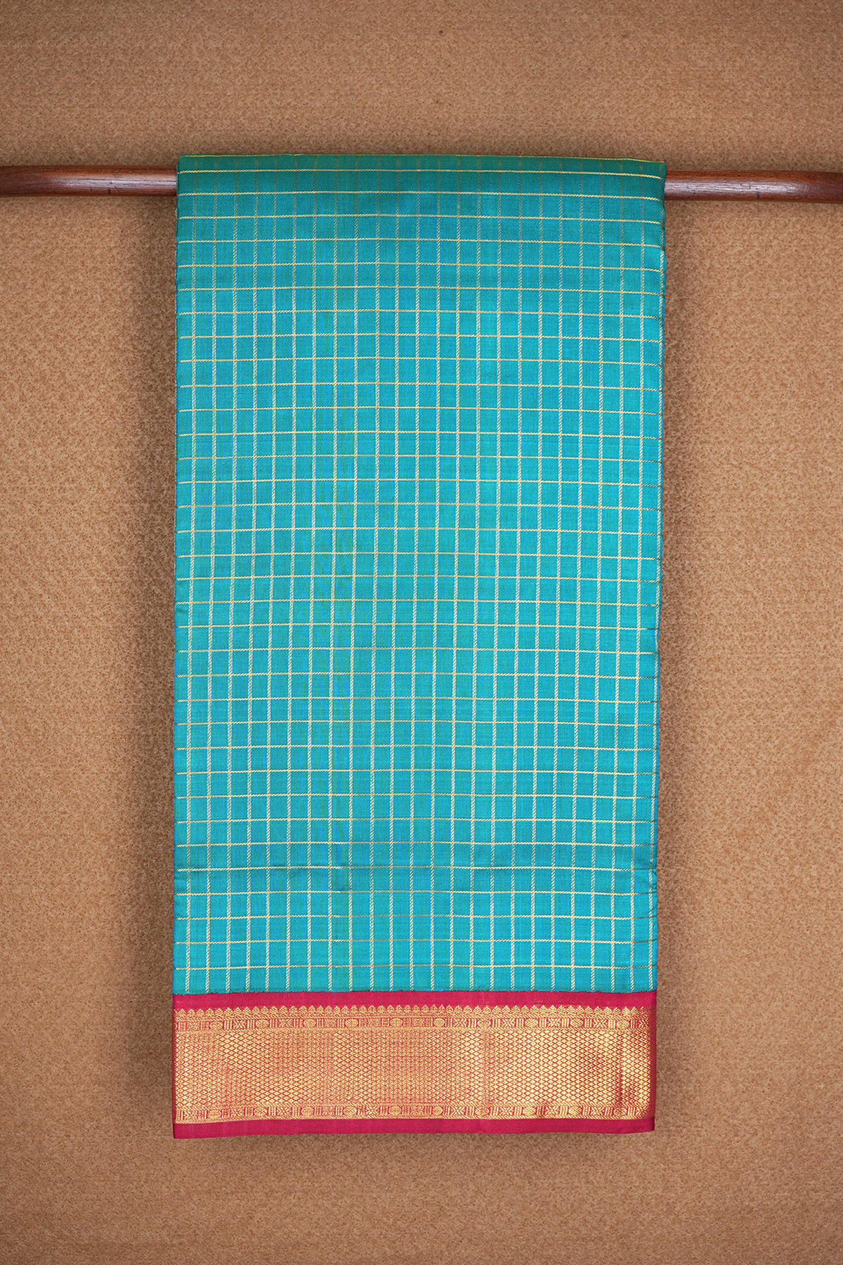 Checks Design Teal Blue Kanchipuram Nine Yards Silk Saree