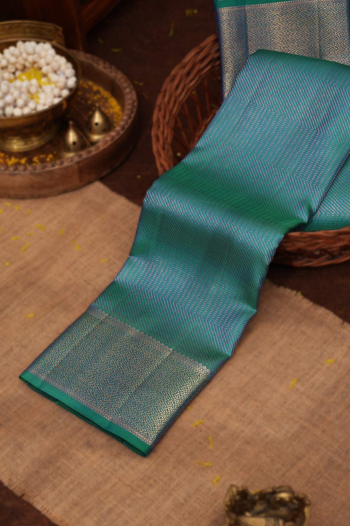 Kanchipuram Silk Saree In Teal Blue With Allover Design