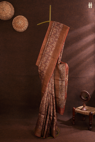 Tussar Silk Saree In Brick Brown Floral And Peacock Design