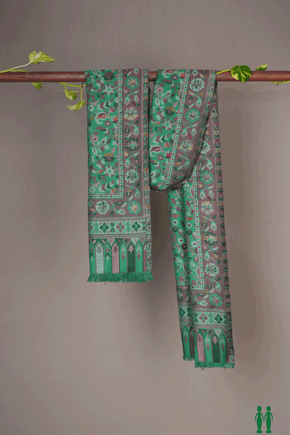 Allover Floral Paisley Design Jade Green Woolen Shawl