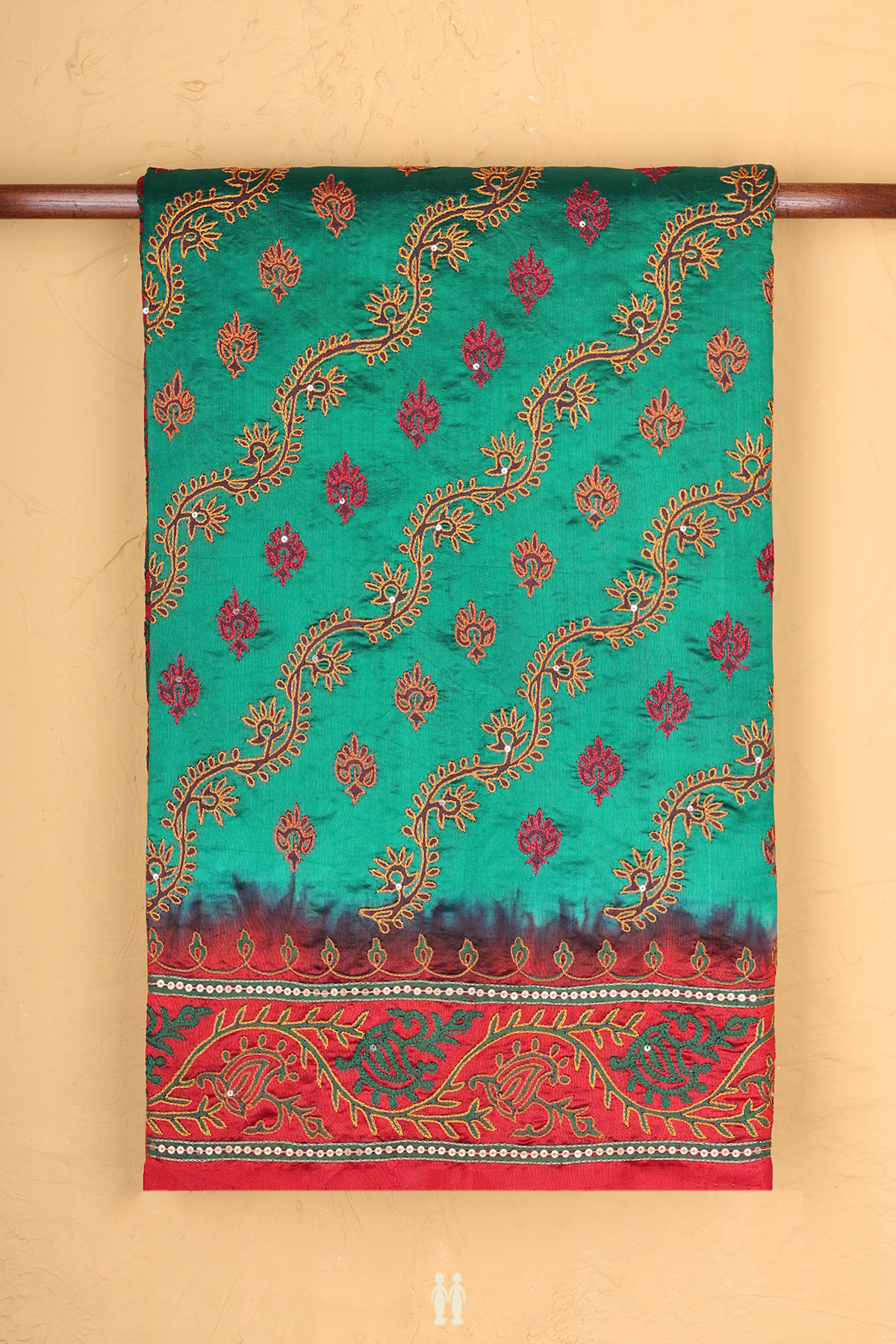 Raw Silk Saree In Teal Green With Embroidered Design