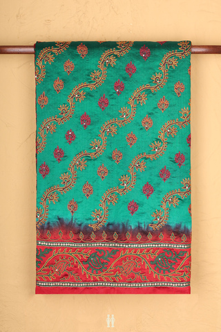 Raw Silk Saree In Teal Green With Embroidered Design