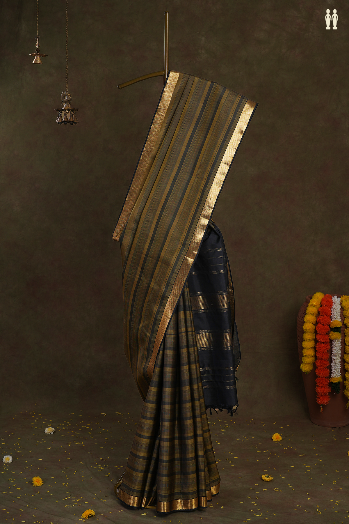 Allover Stripe Design Green And Black Kanchipuram Silk Saree