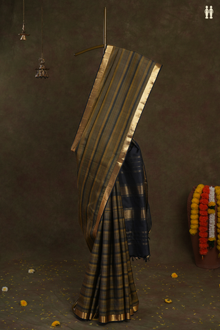 Allover Stripe Design Green And Black Kanchipuram Silk Saree